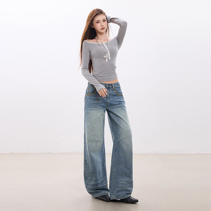 가을 겨울 새로운 워싱 자수 넓은 다리 청바지 루즈핏 다용도 스트레이트 팬츠 여성