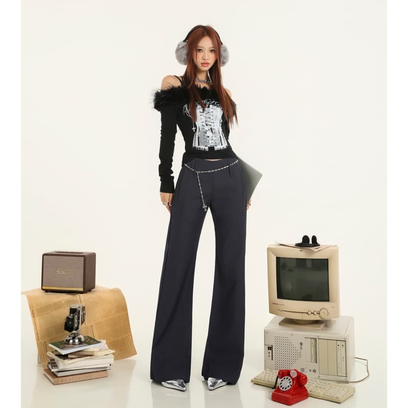 가을 새로운 레트로 로우 웨이스트 v 단어 허리 넓은 다리 부츠컷 바지 가을 겨울 새로운 캐주얼 정장 플레어 바지 이미지 5