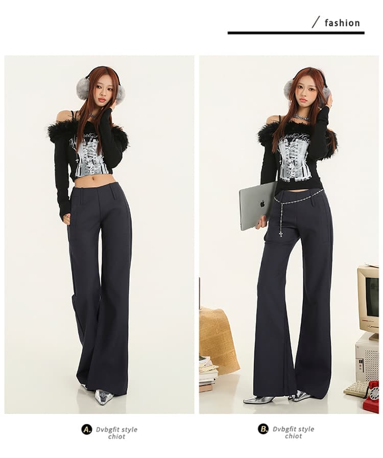 가을 새로운 레트로 로우 웨이스트 v 단어 허리 넓은 다리 부츠컷 바지 가을 겨울 새로운 캐주얼 정장 플레어 바지 상세 이미지 4