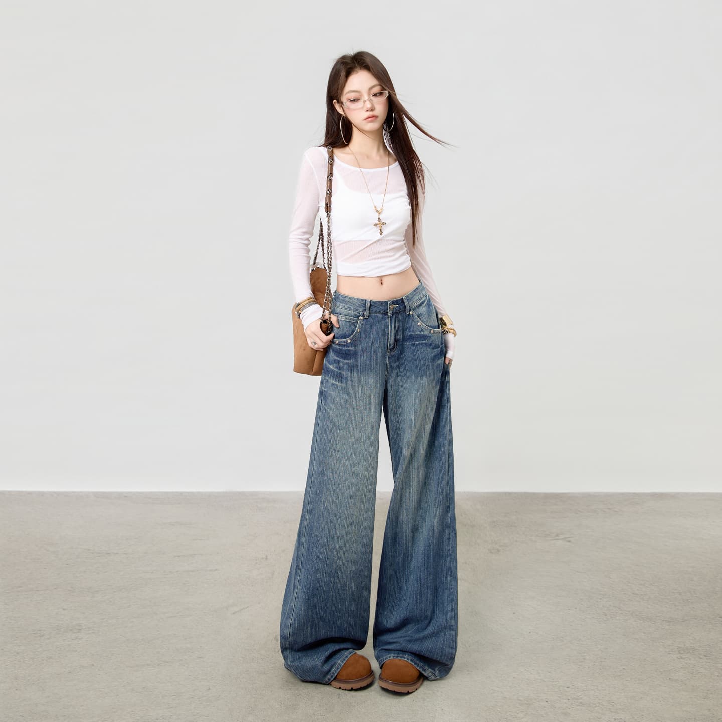 대나무 마디 블루 로우 웨이스트 징 공예 넓은 다리 청바지 여성 이미지 2