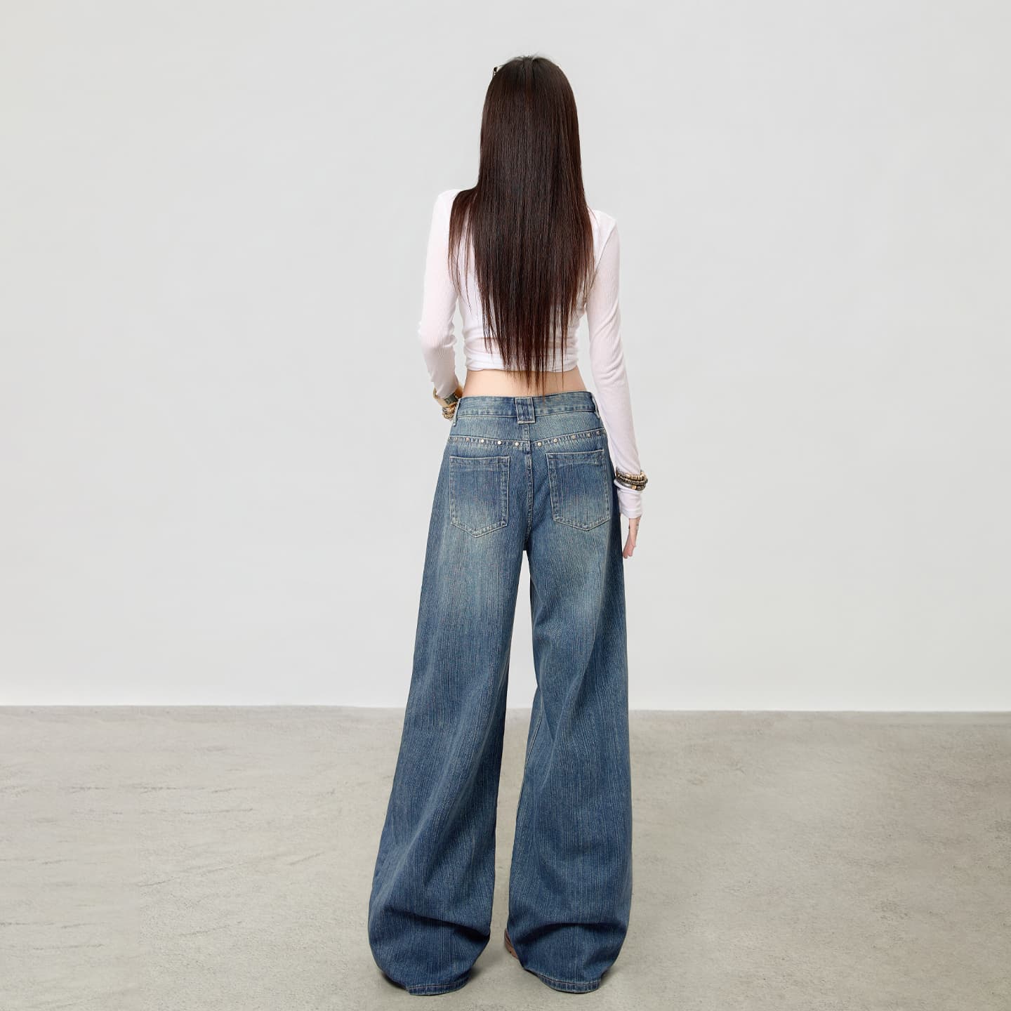 대나무 마디 블루 로우 웨이스트 징 공예 넓은 다리 청바지 여성 이미지 4