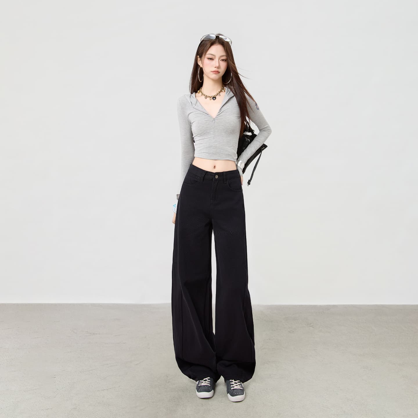 2026 가을 새로운 얕은 살구 데님 긴 바지 여성 한국 스타일 하이웨이스트 루즈핏 스트레이트 다용도 캐주얼 넓은 다리 끌기 이미지 2