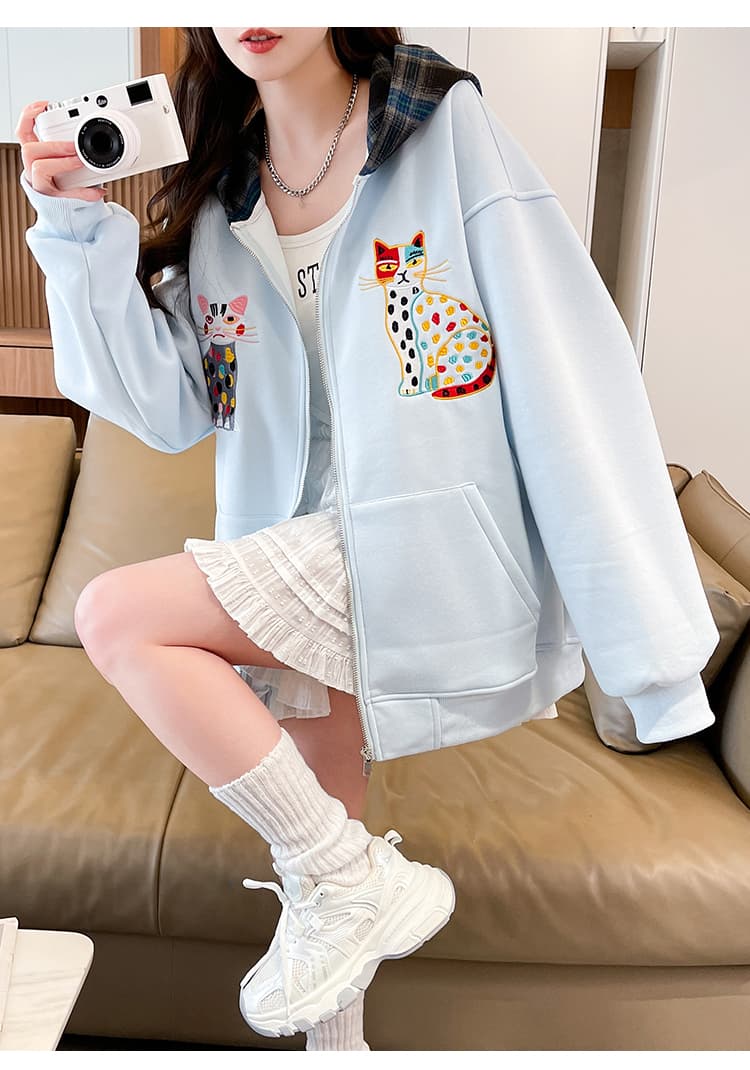 2026 봄 새로운 재미있는 고양이 무거운 작업 자수 패치워크 색상 귀여운 학원 스타일 일본식 한국 스타일 야구 유니폼 후드티 재킷 상세 이미지 11