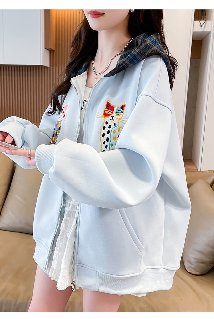 2026 봄 새로운 재미있는 고양이 무거운 작업 자수 패치워크 색상 귀여운 학원 스타일 일본식 한국 스타일 야구 유니폼 후드티 재킷 상세 이미지 13