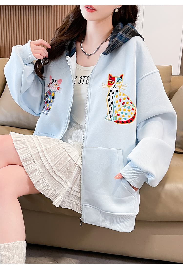 2026 봄 새로운 재미있는 고양이 무거운 작업 자수 패치워크 색상 귀여운 학원 스타일 일본식 한국 스타일 야구 유니폼 후드티 재킷 상세 이미지 14
