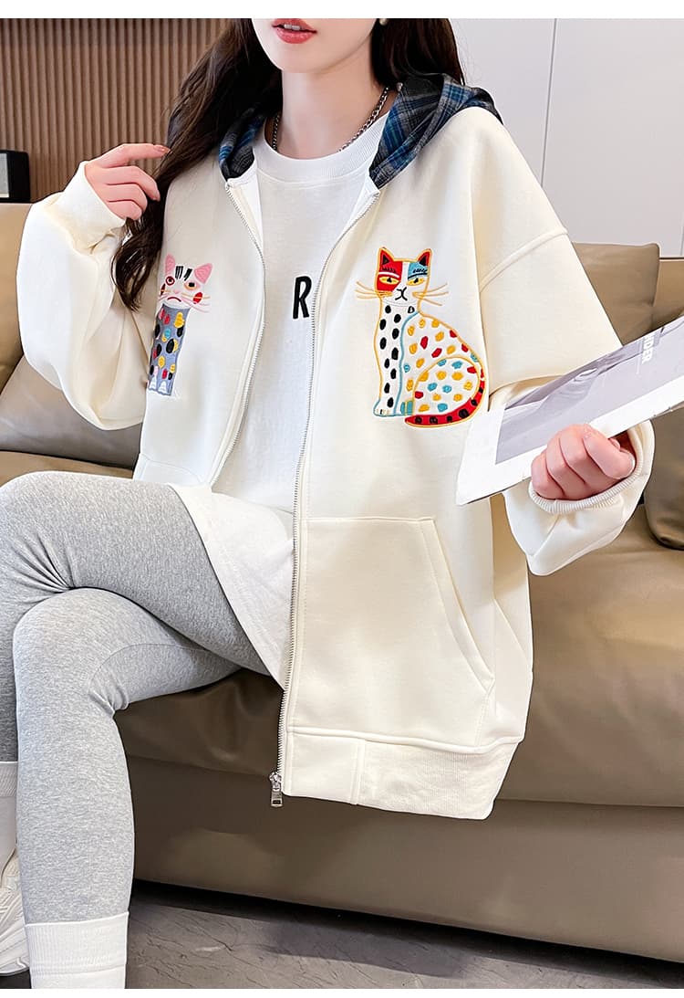 2026 봄 새로운 재미있는 고양이 무거운 작업 자수 패치워크 색상 귀여운 학원 스타일 일본식 한국 스타일 야구 유니폼 후드티 재킷 상세 이미지 31