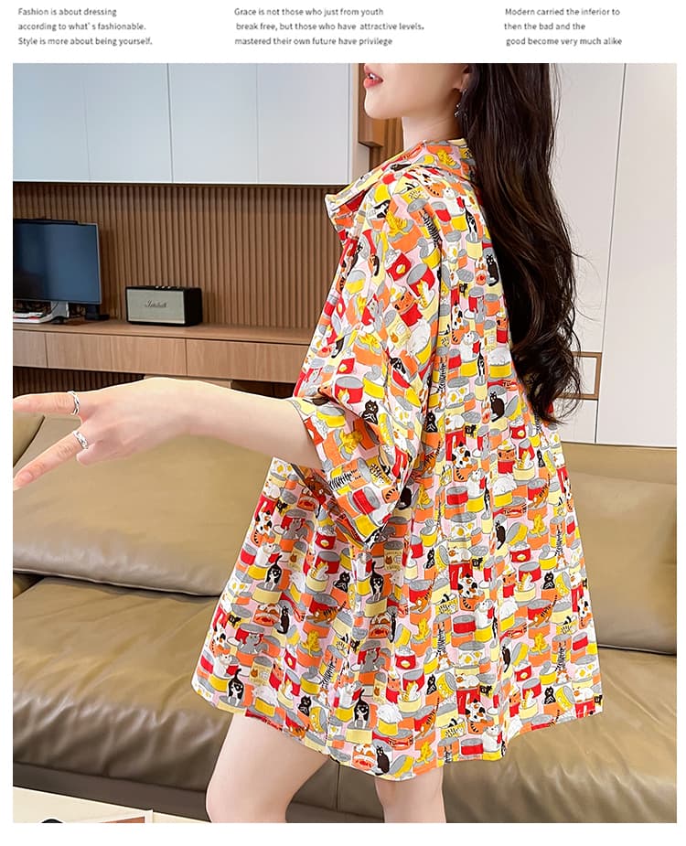 2026 년 봄 여름 새로운 레트로 작은 청신 고양이 프린트 면직물 통기성 땀 흡수 자외선 차단 티셔츠 여성 t 다용도 트렌디 상세 이미지 21