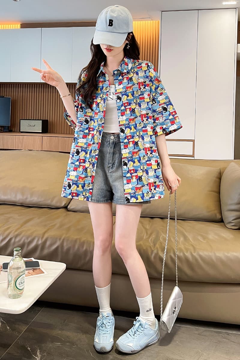 2026 년 봄 여름 새로운 레트로 작은 청신 고양이 프린트 면직물 통기성 땀 흡수 자외선 차단 티셔츠 여성 t 다용도 트렌디 이미지 7