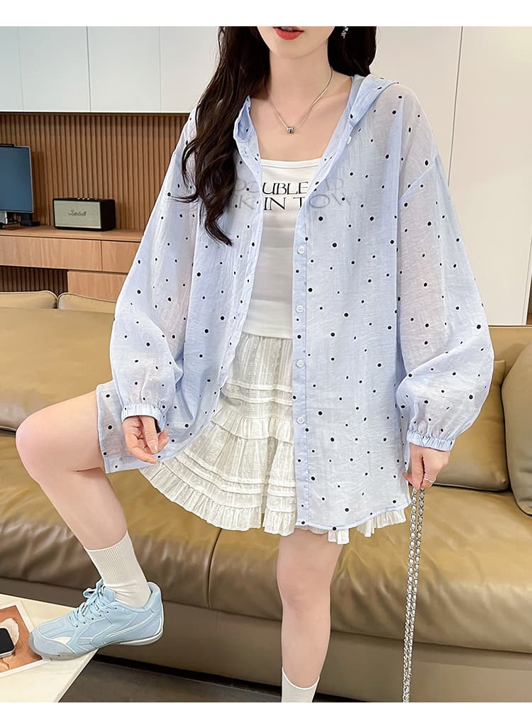 실사 2026 여름 도트 무늬 유럽 상품 작은 청신 긴팔 자외선 차단 여성 셔츠 작은 대중 디자인 다용도 슬림해 보이는 맨위 상세 이미지 22