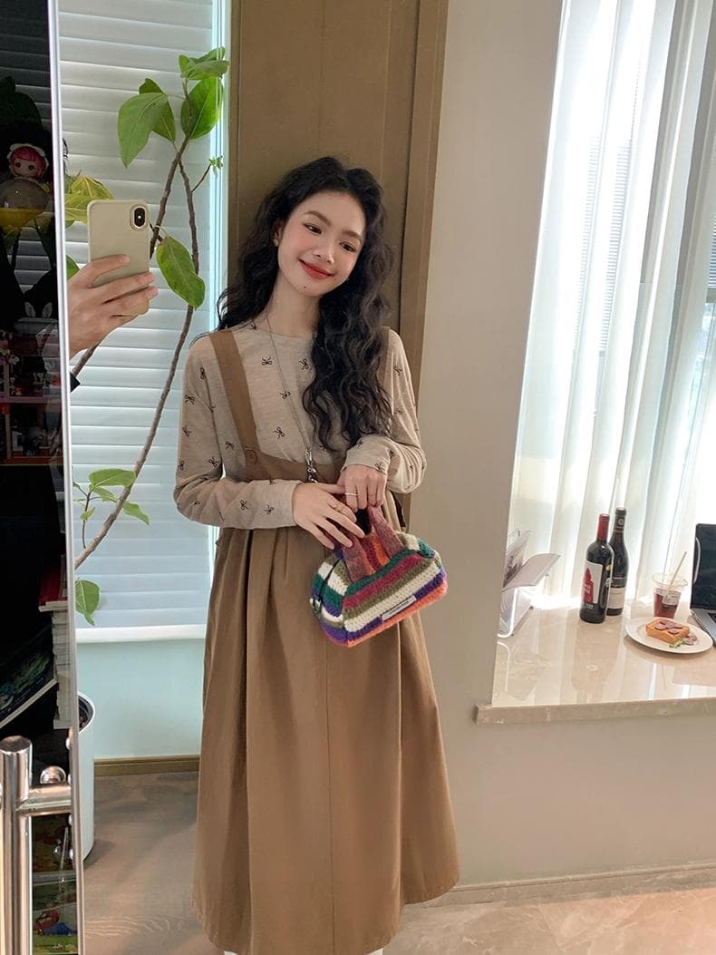 봄 새로운 인터넷 유명인 달콤함 연령 감소 품격 슬림해 보이는 나비 매듭 맨위 조끼 스커트 임산부 투피스 세트 상세 이미지 1