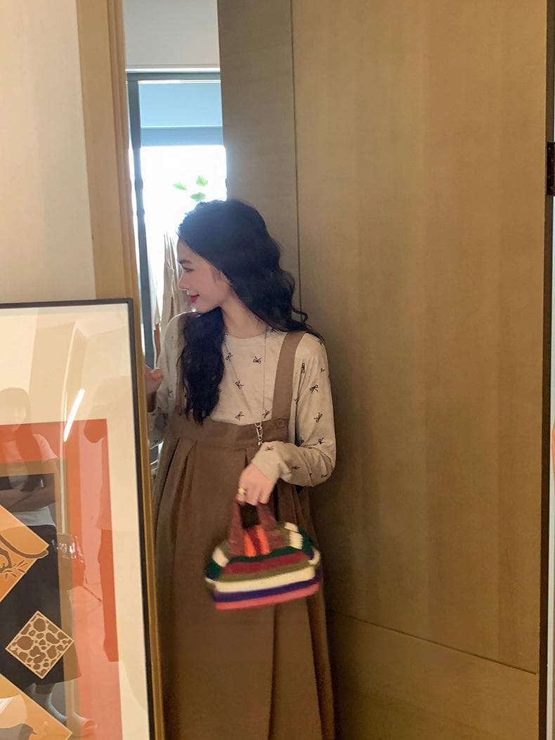 봄 새로운 인터넷 유명인 달콤함 연령 감소 품격 슬림해 보이는 나비 매듭 맨위 조끼 스커트 임산부 투피스 세트 상세 이미지 6