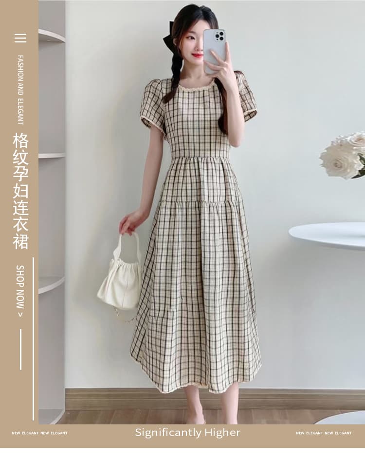 실사 새로운 빅 사이즈 프랑스식 체크무늬 드레스 여름 레이스 패치워크 품격 패션 광장 칼라 임산부 치마 상세 이미지 1