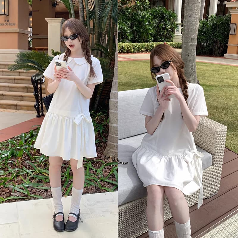 새로운 베이비 칼라 여름 루즈핏 캐주얼 슬림해 보이는 디자인 센스 나비 매듭 임산부 드레스 미니 스커트