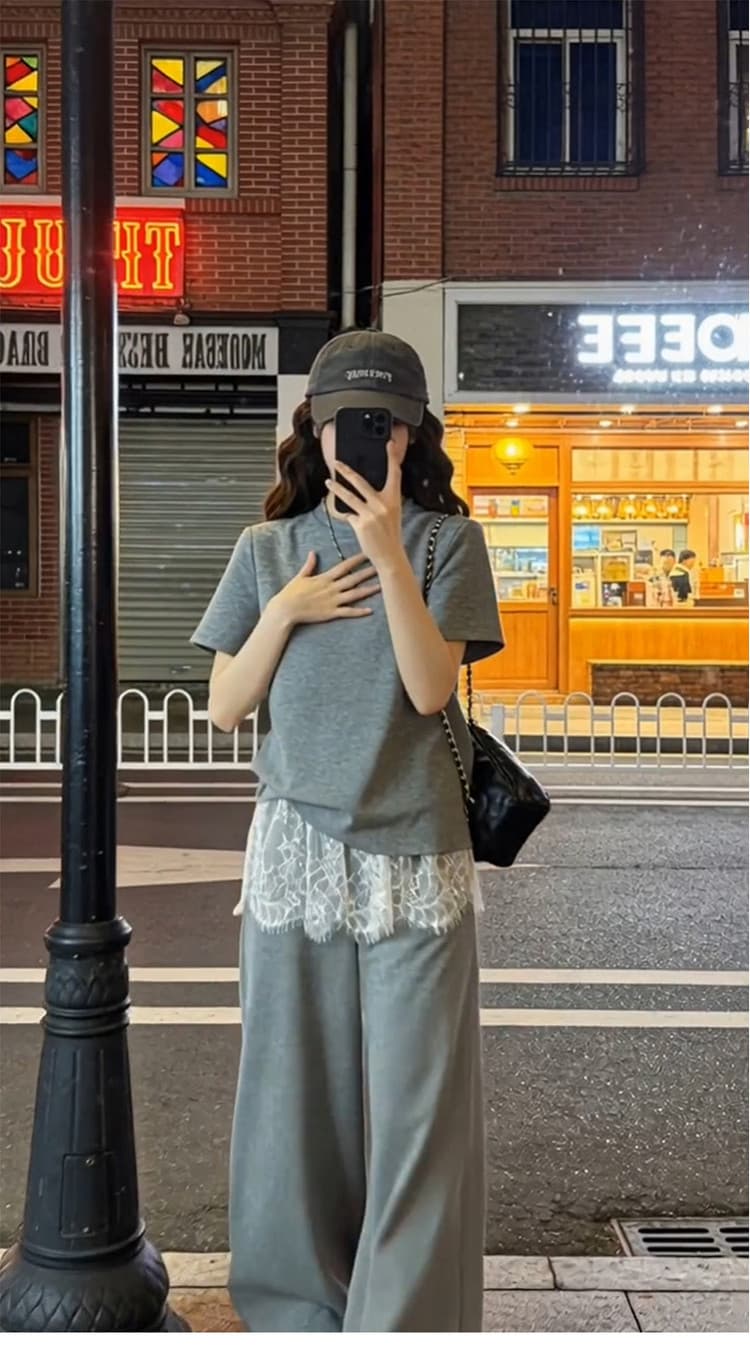 여름 신제품 루즈핏 반팔 맨위 레이스 랩스커트팬츠 와이드 레그 팬츠 임산부 투피스 슈트 로드 중 상세 이미지 5