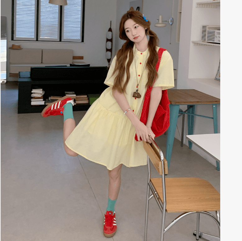 프랑스식 부드러운 바람 황색 수유 드레스 여름 고유 한 아름다운 루즈핏 임산부 치마 이미지 3