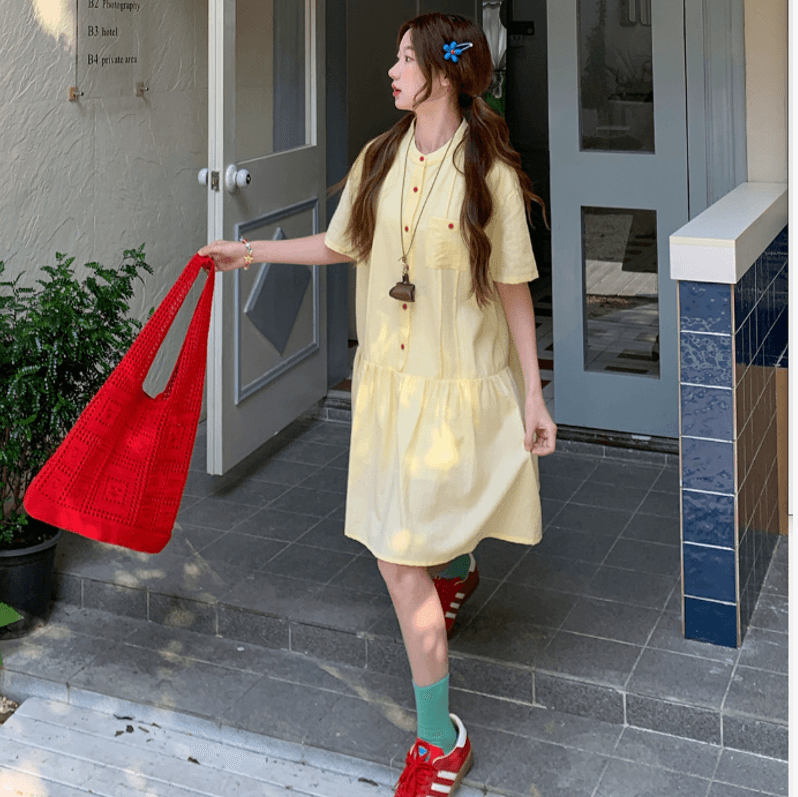 프랑스식 부드러운 바람 황색 수유 드레스 여름 고유 한 아름다운 루즈핏 임산부 치마 이미지 2