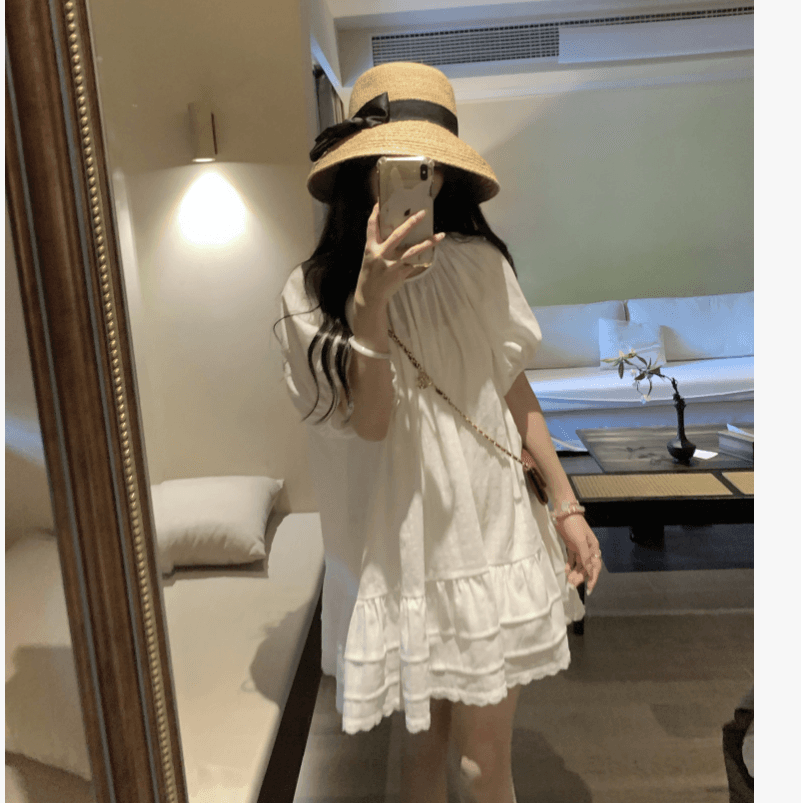 선물 물품 프랑스식 새로운 슈퍼 잘 생긴 화이트 드레스 여름 거품 소매 루즈핏 케이크 출산 스커트 이미지 4