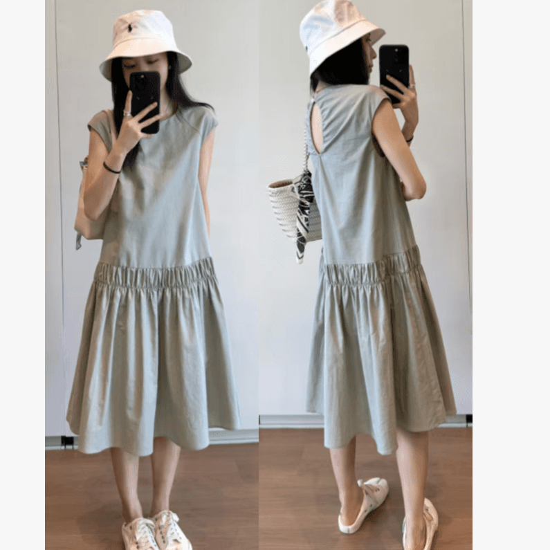 선물 물품 새로운 작은 날다 소매 플리츠 라운드 넥 루즈핏 디자인 센스 드레스 여름 슬림해 보이는 임산부 치마