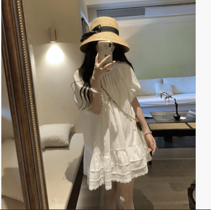 선물 물품 프랑스식 새로운 슈퍼 잘 생긴 박하 녹색 드레스 여름 거품 소매 루즈핏 케이크 출산 스커트 상세 이미지 11