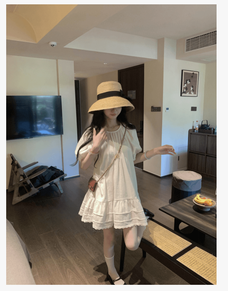 선물 물품 프랑스식 새로운 슈퍼 잘 생긴 박하 녹색 드레스 여름 거품 소매 루즈핏 케이크 출산 스커트 상세 이미지 12