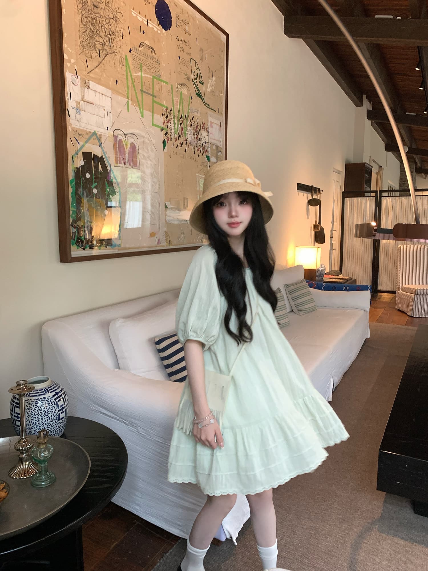 선물 물품 프랑스식 새로운 슈퍼 잘 생긴 화이트 드레스 여름 거품 소매 루즈핏 케이크 출산 스커트 상세 이미지 8