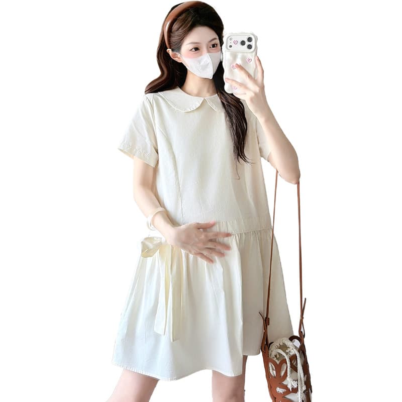 선물 물품 실사 새로운 베이비 칼라 여름 루즈핏 캐주얼 슬림해 보이는 디자인 센스 나비 매듭 임산부 드레스 미니 스커트 이미지 5