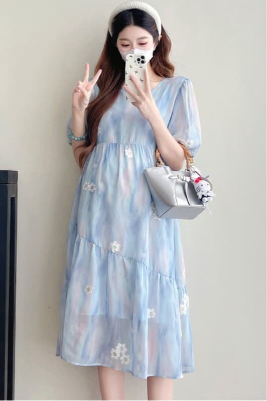 선물 실사 여름 새로운 품격 무거운 작업 자수 꽃무늬 우아함 패션 다용도 반팔 임산부 드레스 이미지 6