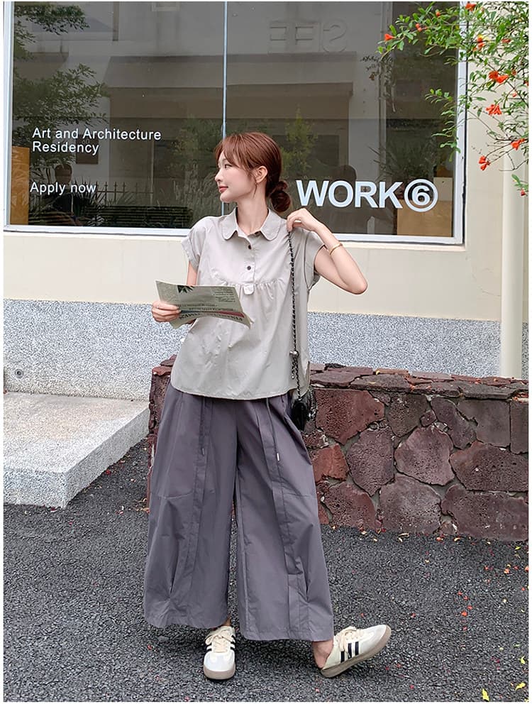 선물 물품 캐주얼 반팔 셔츠 디자인 센스 와이드 레그 팬츠 세트 여름 폭발 루즈핏 슬림해 보이는 임산부 투피스 슈트 상세 이미지 6