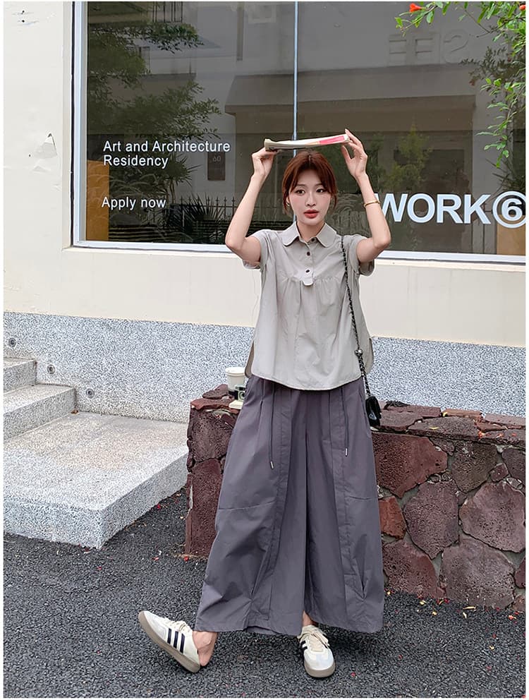 선물 물품 캐주얼 반팔 셔츠 디자인 센스 와이드 레그 팬츠 세트 여름 폭발 루즈핏 슬림해 보이는 임산부 투피스 슈트 상세 이미지 16