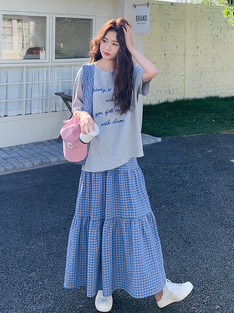 지금 지금 학원 스타일 캐주얼 연령 감소 반팔 티셔츠 10 새로운 체크무늬 펌프 로프 반신 스커트 임산부 투피스 세트 이미지 3