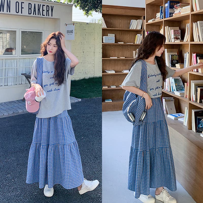 지금 지금 학원 스타일 캐주얼 연령 감소 반팔 티셔츠 10 새로운 체크무늬 펌프 로프 반신 스커트 임산부 투피스 세트
