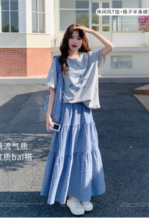 지금 지금 학원 스타일 캐주얼 연령 감소 반팔 티셔츠 10 새로운 체크무늬 펌프 로프 반신 스커트 임산부 투피스 세트 이미지 6