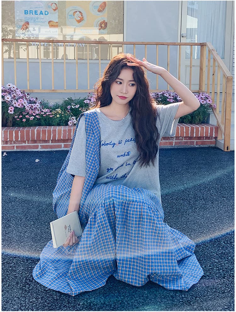 지금 지금 학원 스타일 캐주얼 연령 감소 반팔 티셔츠 10 새로운 체크무늬 펌프 로프 반신 스커트 임산부 투피스 세트 상세 이미지 7