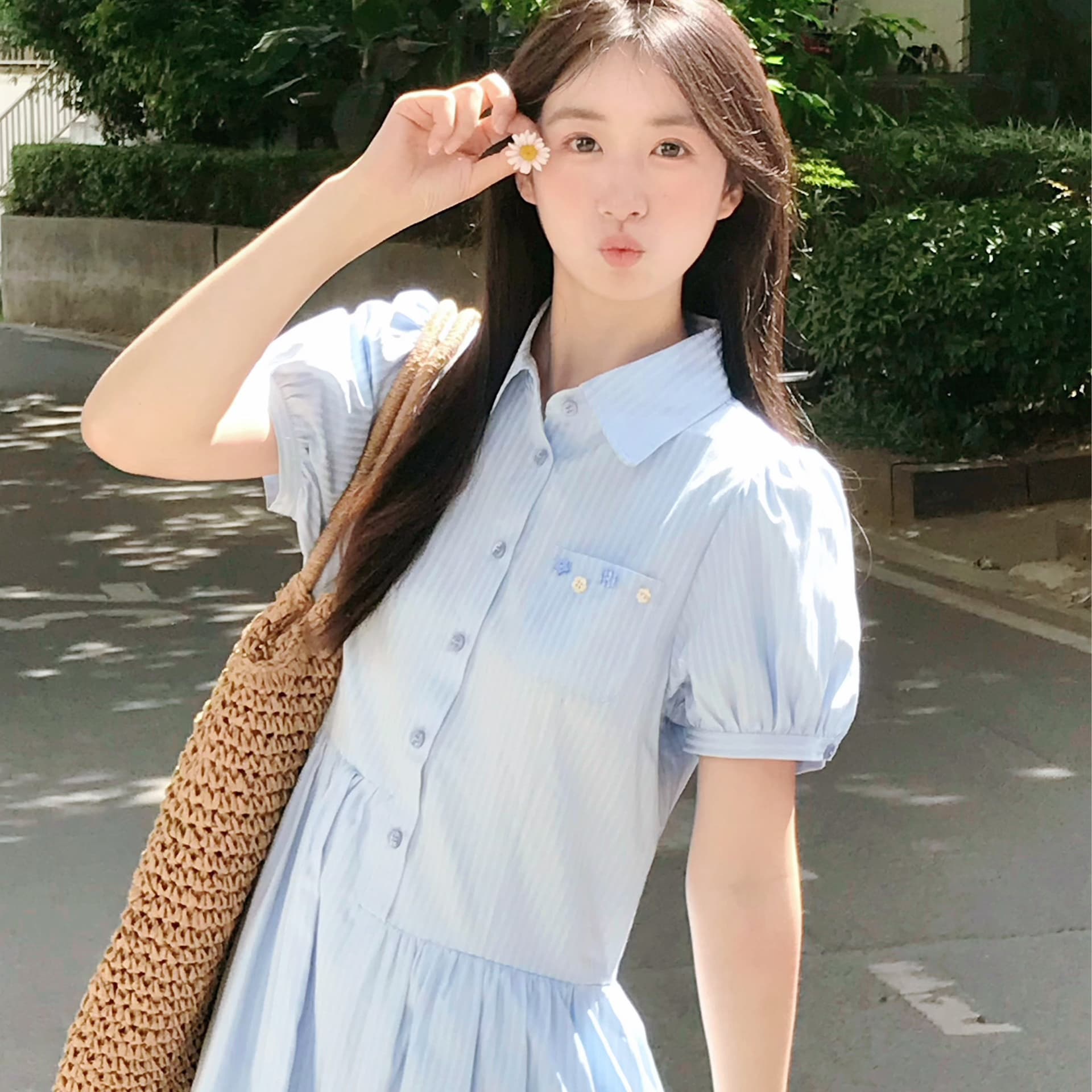 선물 물품 새로운 여름 파란색 스트라이프 롱 스커트 잘못된 게재 위치 허리 선 디자인 달콤함 셔츠 드레스 임산부 롱 스커트 이미지 5