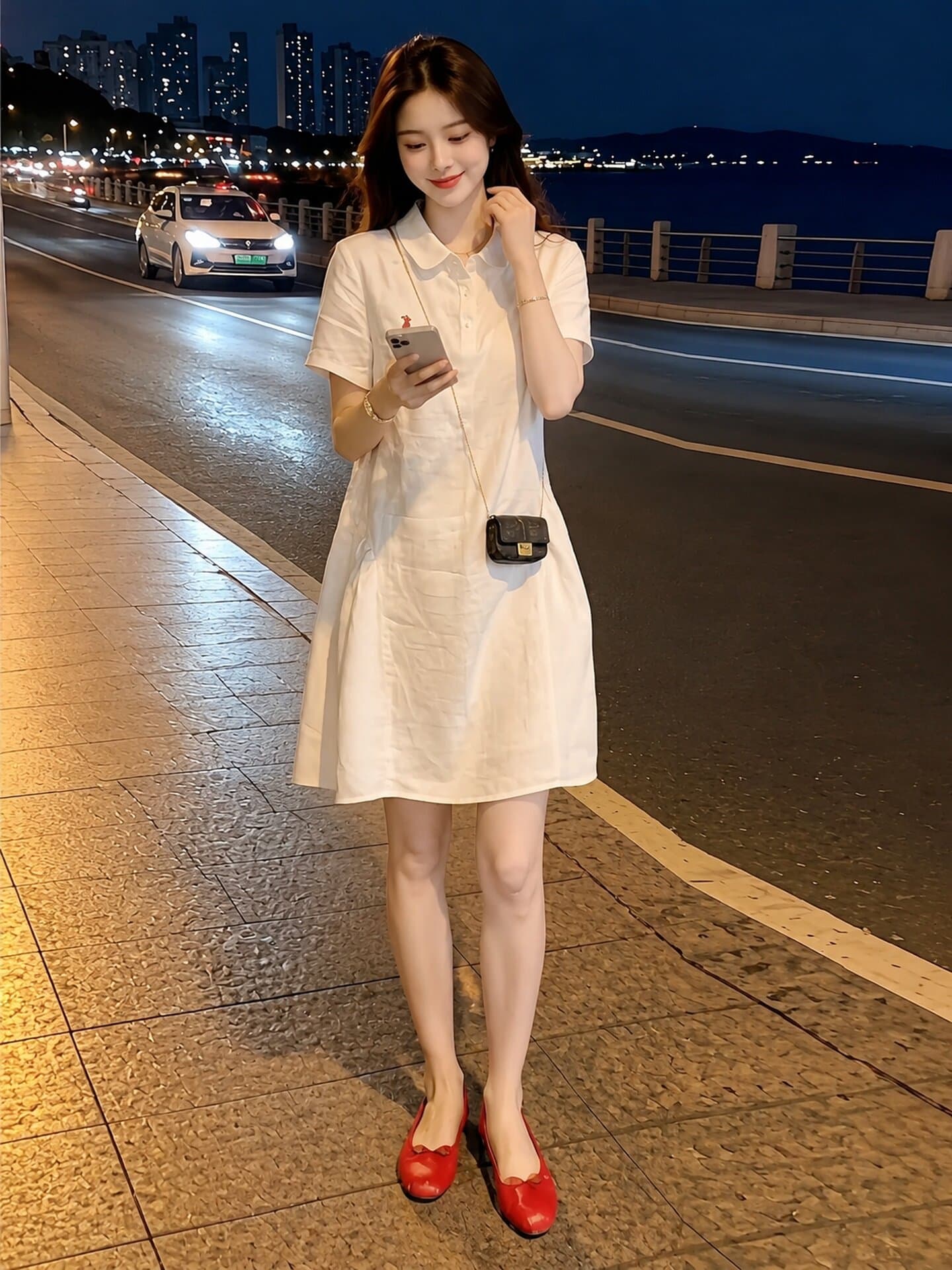 여름 새로운 Chic 미니멀리즘 자수 다용도 드레스 루즈핏 통기성 셔츠 POLO 칼라 임산부 치마