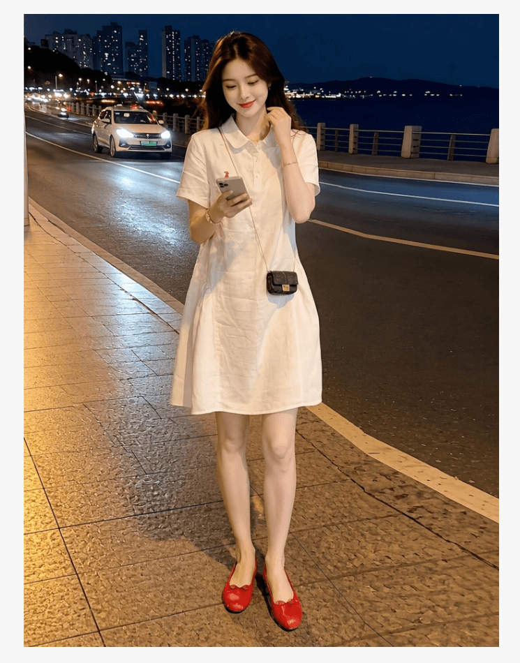 여름 새로운 Chic 미니멀리즘 자수 다용도 드레스 루즈핏 통기성 셔츠 POLO 칼라 임산부 치마 상세 이미지 4