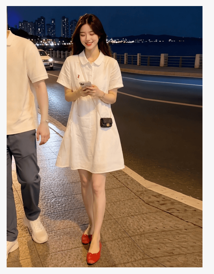 여름 새로운 Chic 미니멀리즘 자수 다용도 드레스 루즈핏 통기성 셔츠 POLO 칼라 임산부 치마 상세 이미지 7