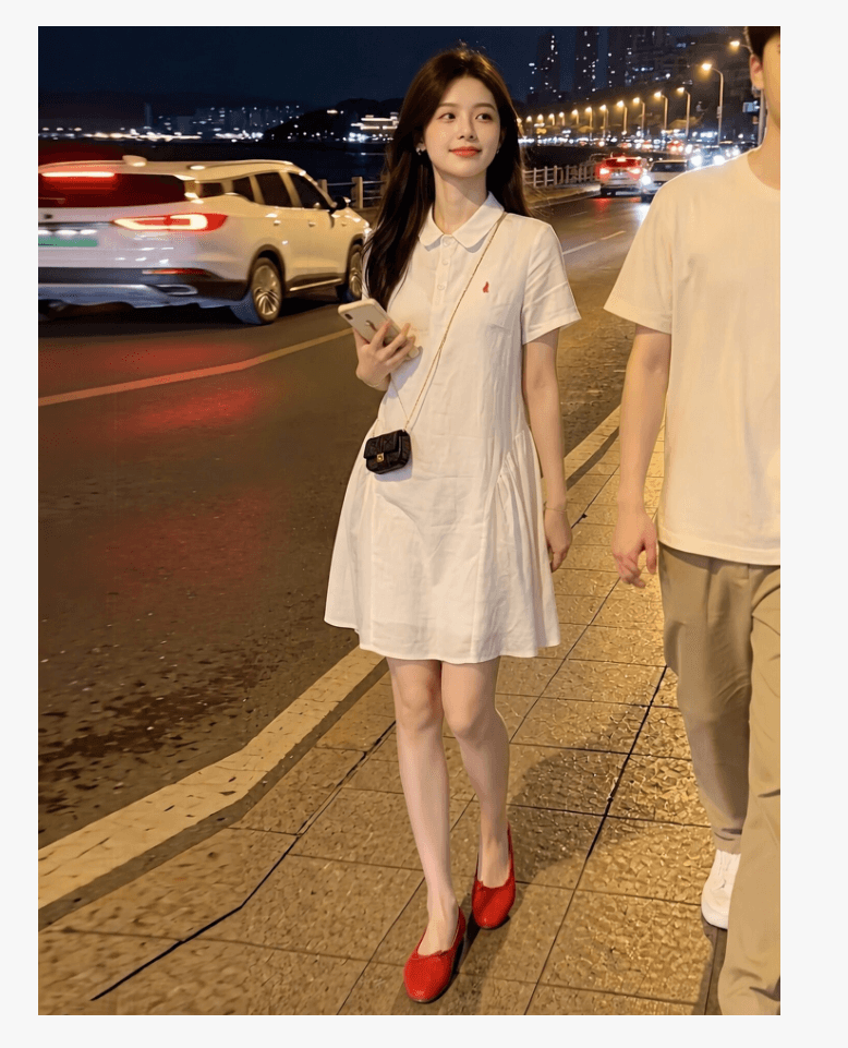 여름 새로운 Chic 미니멀리즘 자수 다용도 드레스 루즈핏 통기성 셔츠 POLO 칼라 임산부 치마 상세 이미지 9