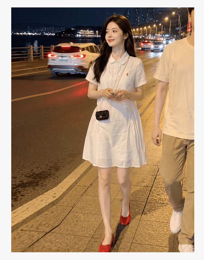 여름 새로운 Chic 미니멀리즘 자수 다용도 드레스 루즈핏 통기성 셔츠 POLO 칼라 임산부 치마 상세 이미지 11