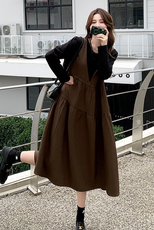 선물 가을 커피 색상 페이크 레이어드 패치워크 중간 길이 드레스 새로운 프랑스식 달콤함 품격 다용도 임산부 치마 이미지 2