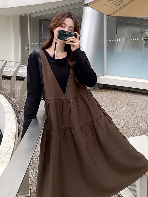 선물 가을 커피 색상 페이크 레이어드 패치워크 중간 길이 드레스 새로운 프랑스식 달콤함 품격 다용도 임산부 치마 이미지 3