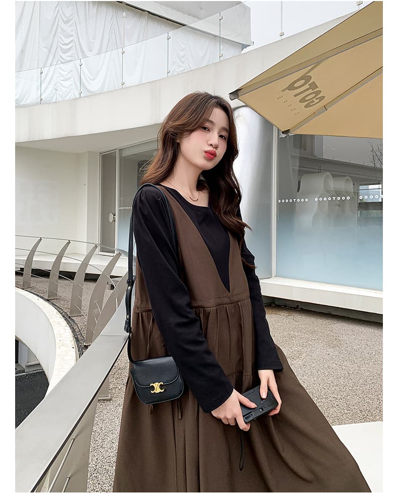선물 가을 커피 색상 페이크 레이어드 패치워크 중간 길이 드레스 새로운 프랑스식 달콤함 품격 다용도 임산부 치마 상세 이미지 1