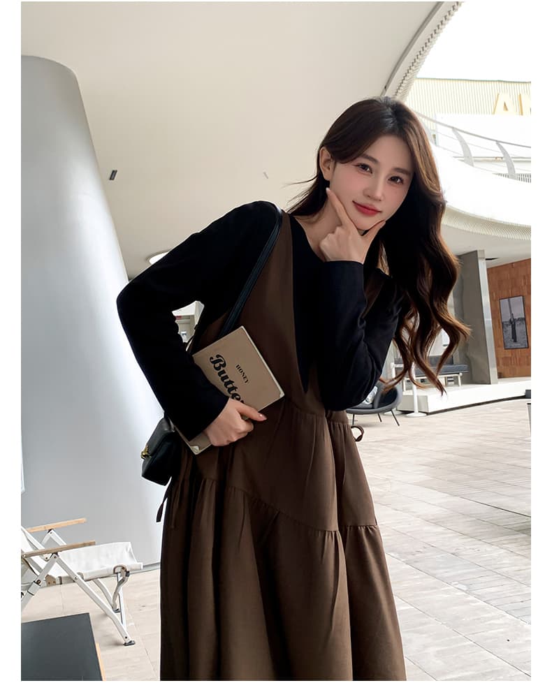 선물 가을 커피 색상 페이크 레이어드 패치워크 중간 길이 드레스 새로운 프랑스식 달콤함 품격 다용도 임산부 치마 상세 이미지 8