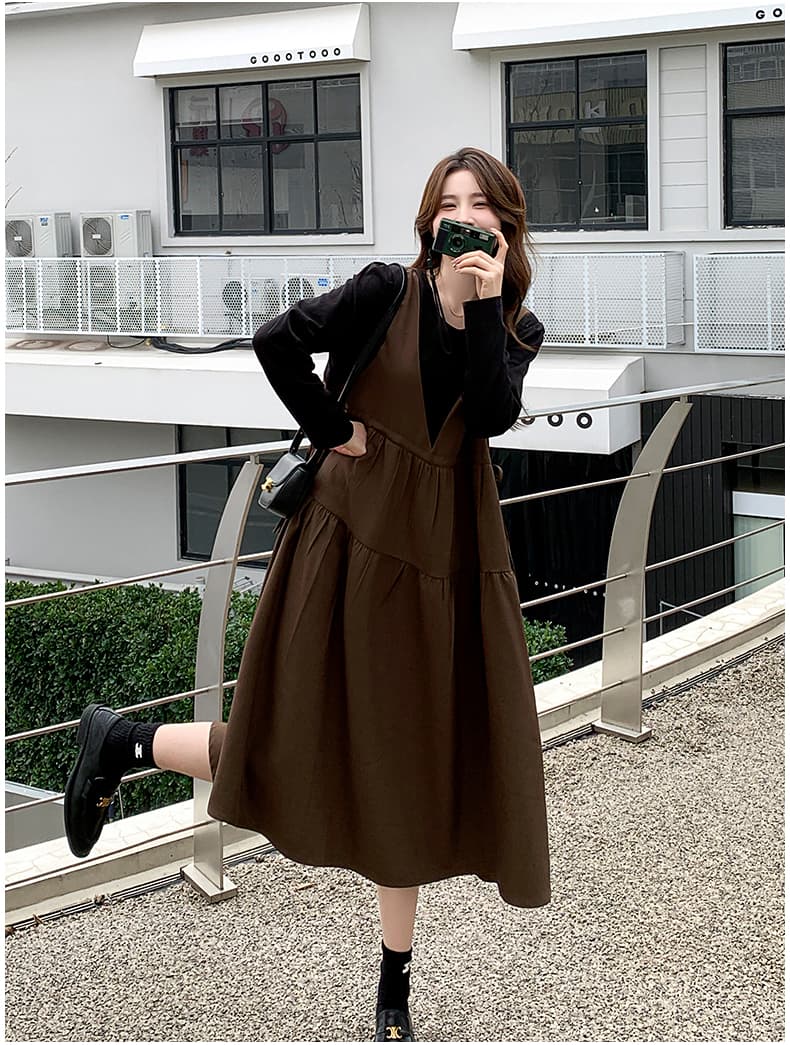 선물 가을 커피 색상 페이크 레이어드 패치워크 중간 길이 드레스 새로운 프랑스식 달콤함 품격 다용도 임산부 치마 상세 이미지 10