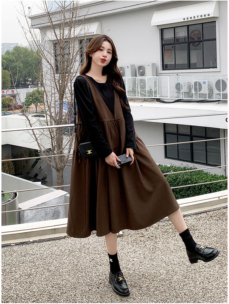 선물 가을 커피 색상 페이크 레이어드 패치워크 중간 길이 드레스 새로운 프랑스식 달콤함 품격 다용도 임산부 치마 상세 이미지 11