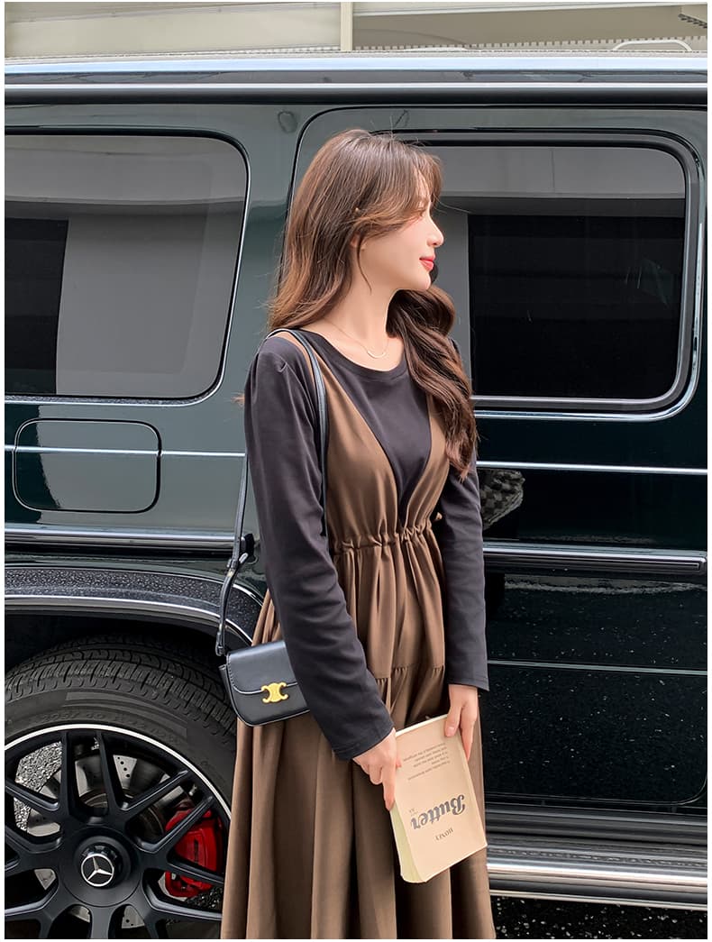선물 가을 커피 색상 페이크 레이어드 패치워크 중간 길이 드레스 새로운 프랑스식 달콤함 품격 다용도 임산부 치마 상세 이미지 17