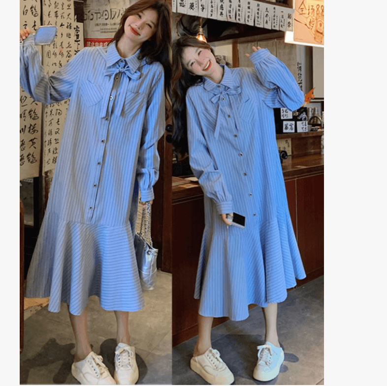 선물 임산부 가을 새로운 프랑스식 스트라이프 품격 인어 꼬리 길다 치마 루즈핏 표지 배 수유 드레스 이미지 3