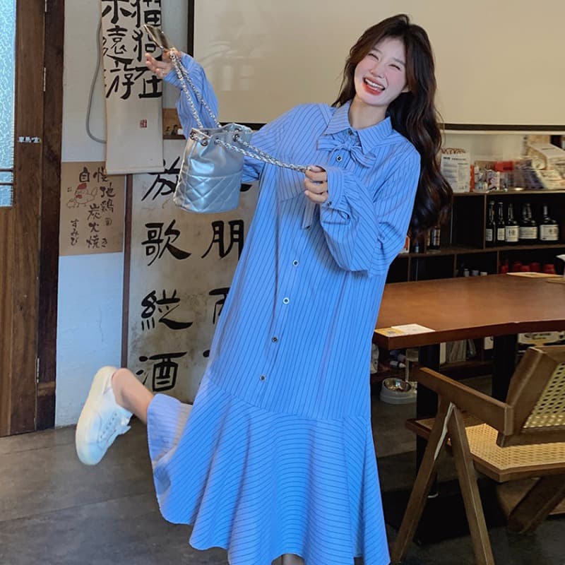 선물 임산부 가을 새로운 프랑스식 스트라이프 품격 인어 꼬리 길다 치마 루즈핏 표지 배 수유 드레스 이미지 2