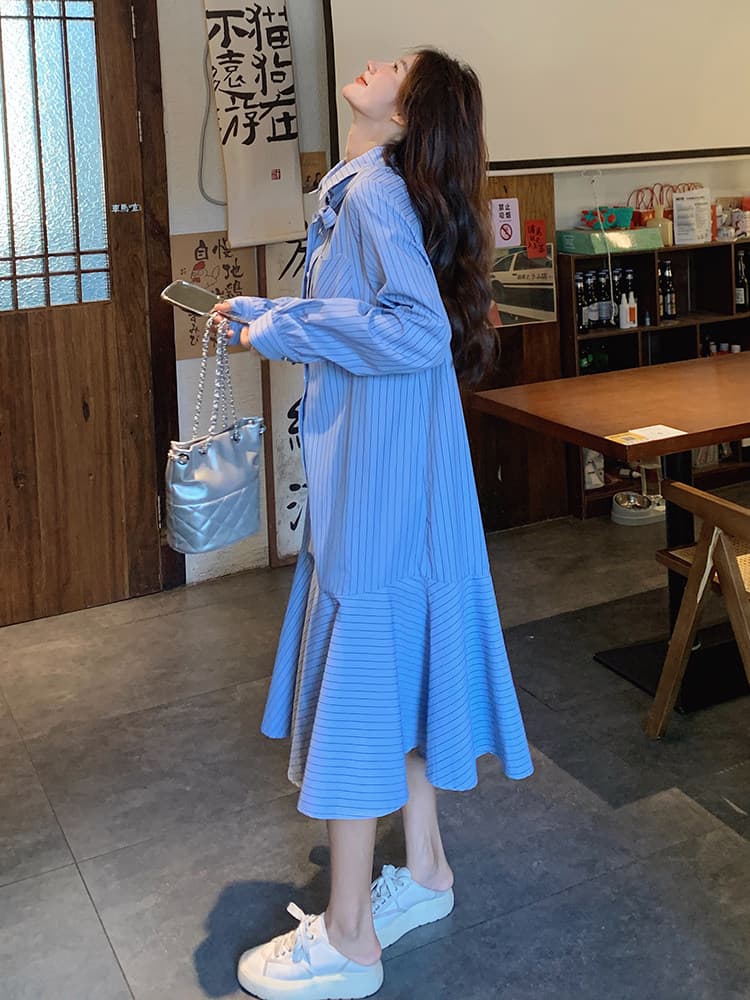 선물 임산부 가을 새로운 프랑스식 스트라이프 품격 인어 꼬리 길다 치마 루즈핏 표지 배 수유 드레스 이미지 4