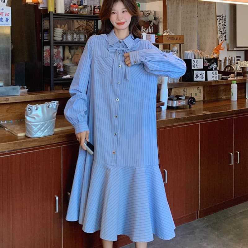 선물 임산부 가을 새로운 프랑스식 스트라이프 품격 인어 꼬리 길다 치마 루즈핏 표지 배 수유 드레스 이미지 5